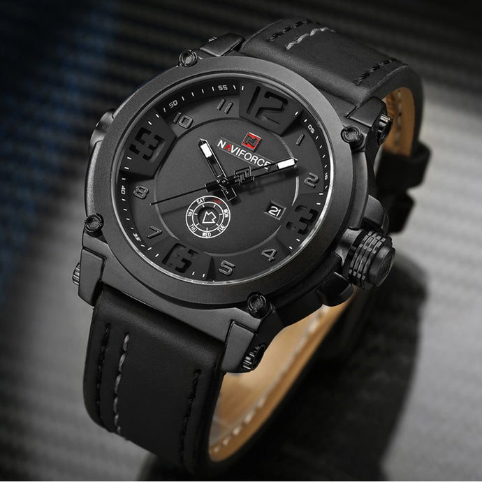 WatchFEVA: Men's luxury sport quartz-watch, leather strap, waterproof.
