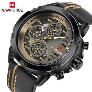 WatchFEVA: Mens luxury waterproof 24 hour date quartz watch. Leather sport wrist watch.