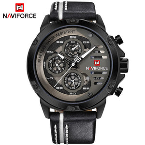 WatchFEVA: Mens luxury waterproof 24 hour date quartz watch. Leather sport wrist watch.